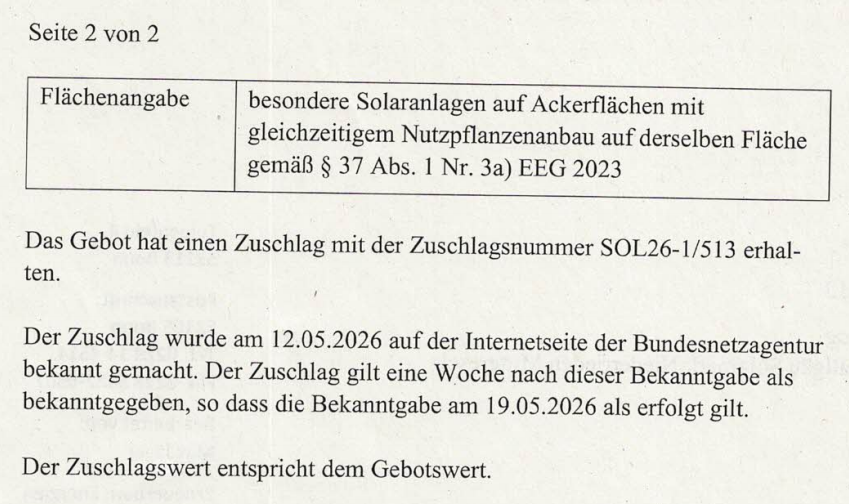 Zuschlagsmitteilung Agri-PV Niederrieden